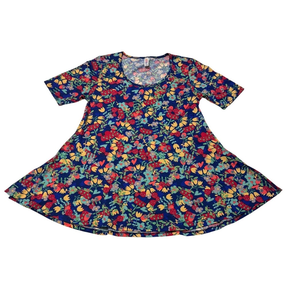LuLaRoe Perfect T Tunic Top Womens XS 70s Vibe Blue Strawberry Floral Swing #116